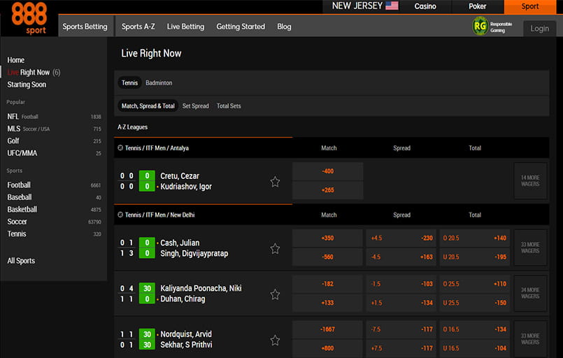 The 888sport live interface from New Jersey.